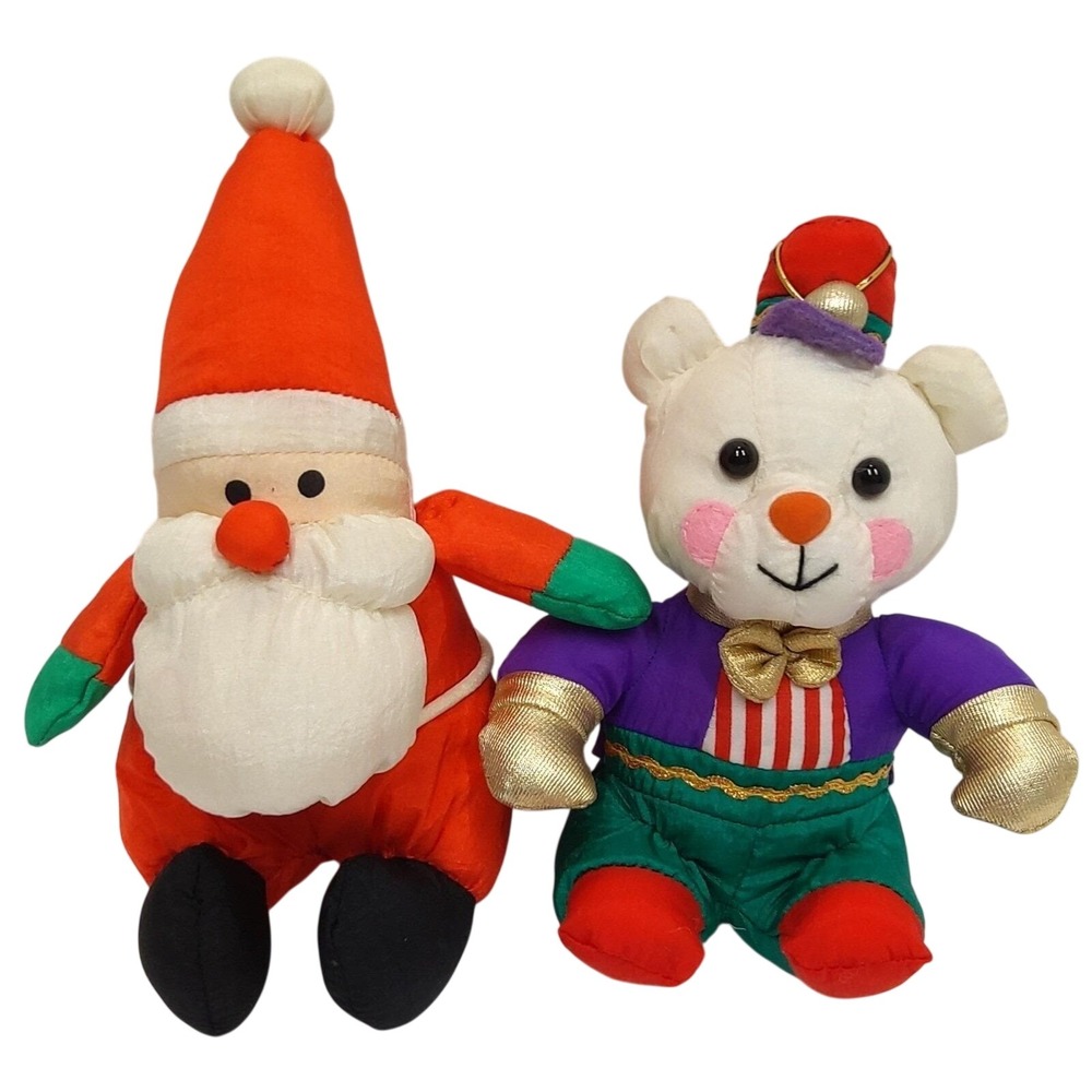 VTG Set of 2 Sears Soft Dreams Christmas Puffy Nylon Stuffed Toy Santa/Bear